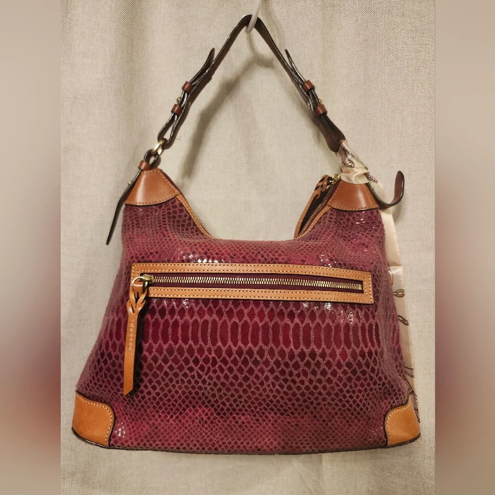 Dooney And Bourke Bordeaux, Snakeskin Embossed Leather Hobo Bag-  GUC 14×13 - Picture 2 of 16